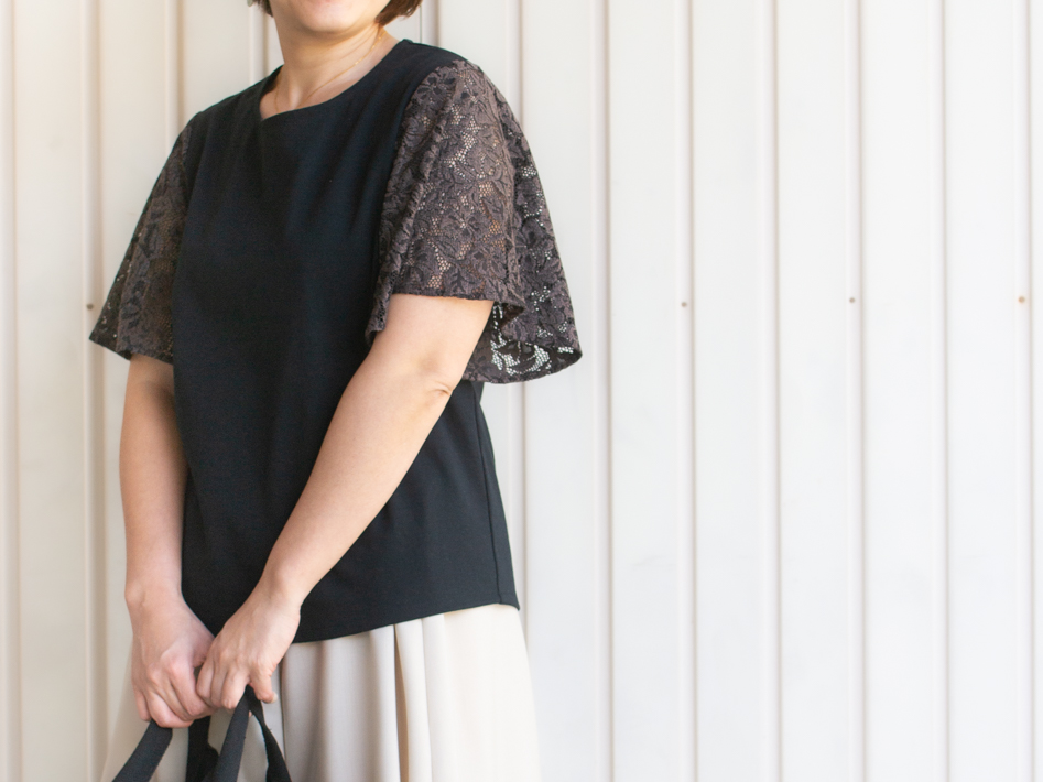 【型紙・生地キット】袖のレースがポイント♪大人のエレガントTシャツ