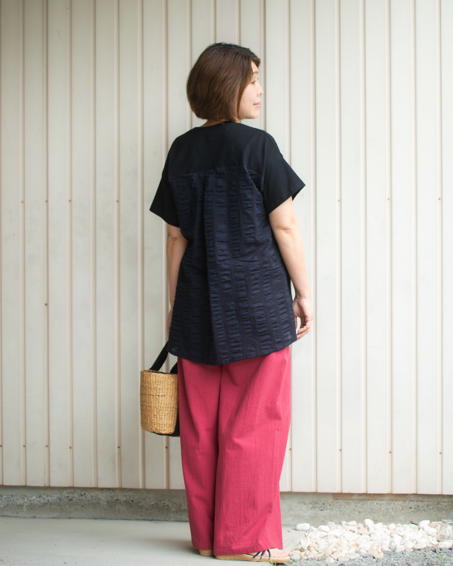 【型紙・生地キット】背中涼しい♪風がとおるTシャツ(ストライブ柄ローンver)