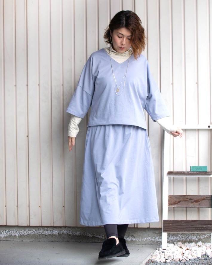 【型紙・生地キット】ミニ裏毛で作るやわらかセットアップキット（スモークライトブルー）