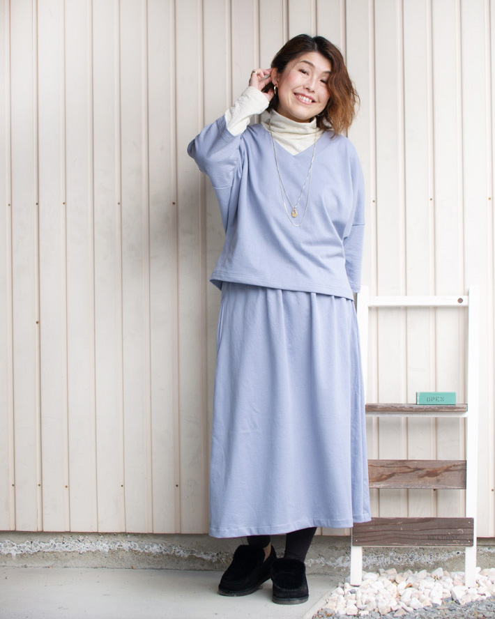 【型紙・生地キット】ミニ裏毛で作るやわらかセットアップキット（スモークライトブルー）