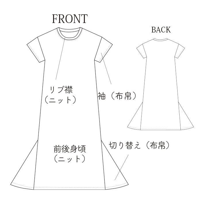 【型紙・生地キット】異素材Ｔシャツワンピース（Ｍ/Ｌサイズ）キット