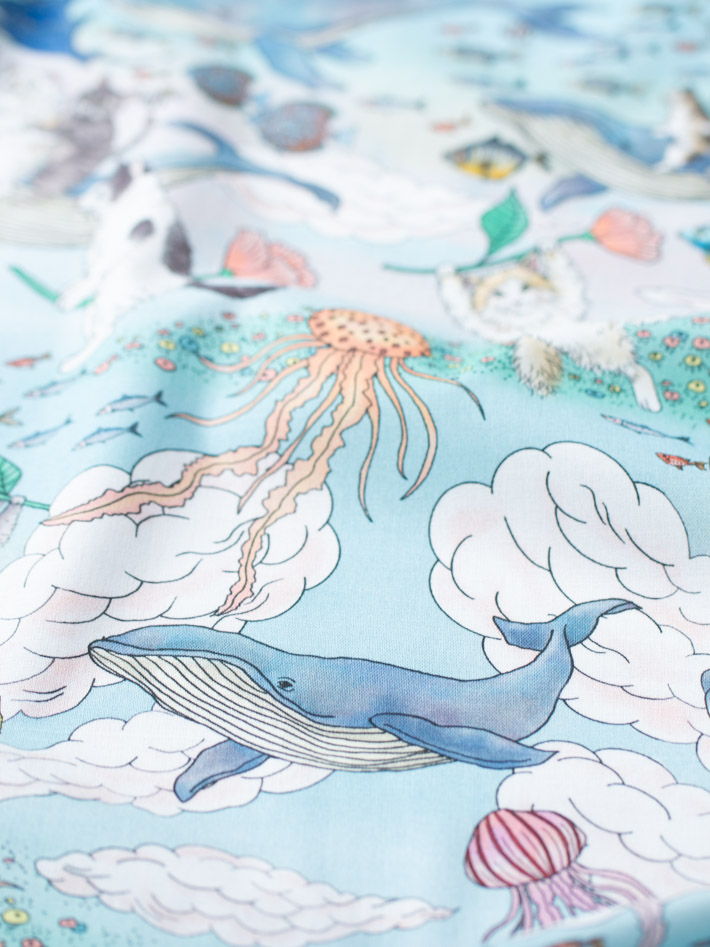 ねこねこ様オーダー♡おとぎの国の猫と仲間たち♡ハンドメイド 🐈🐳☁️🪼🐈‍⬛ とってもかわいい、ねこ達の柄に生地が入荷しま