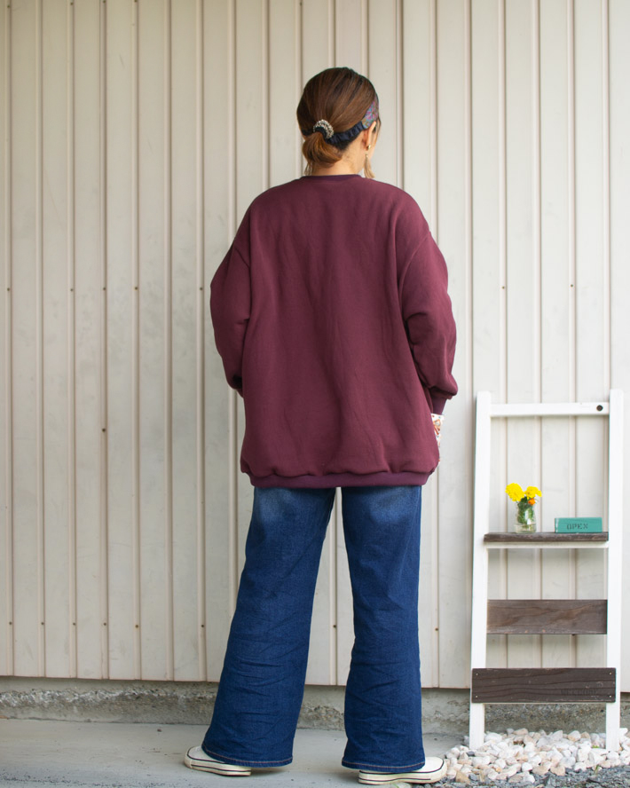 【型紙・生地キット】暖か♪ほわほわの裏起毛で作るポケット付きロングトレーナーキット(ボルドー)