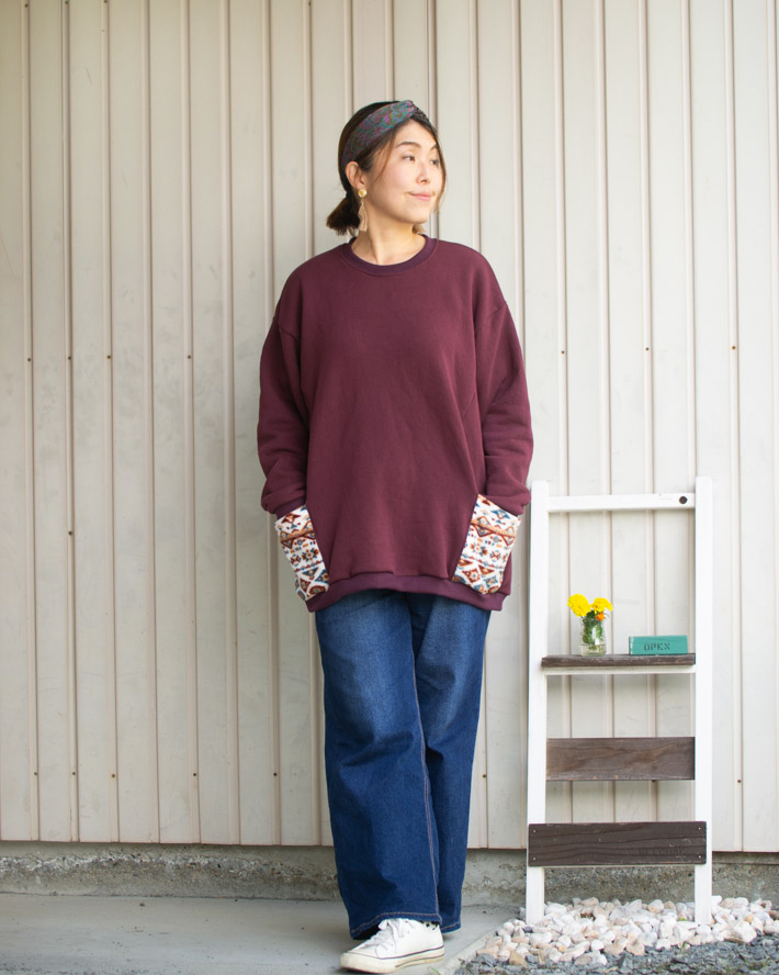 【型紙・生地キット】暖か♪ほわほわの裏起毛で作るポケット付きロングトレーナーキット(ボルドー)