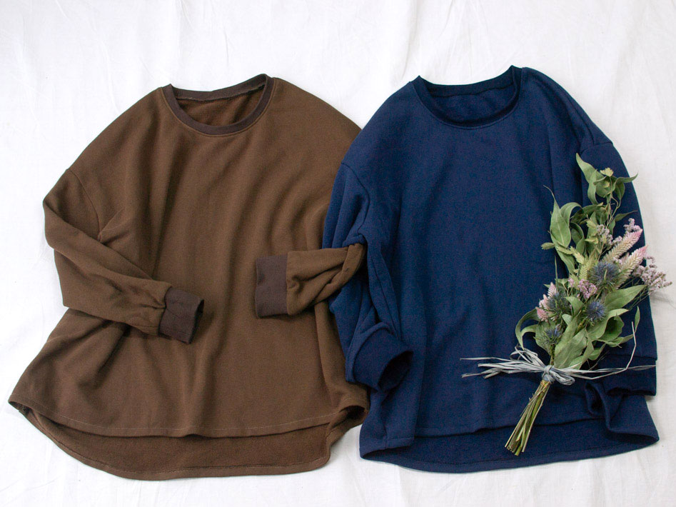【型紙・生地キット】ほわほわ裏起毛の裾カーブワイドＴシャツキット（ブラウン/ダークブルー）