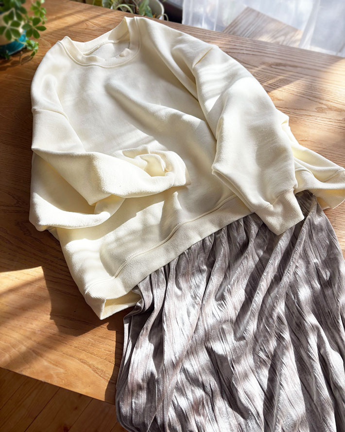 【ニット】ちょっぴりしっかりめ♪ストレッチ裏毛ニット（裏起毛/ミルク）