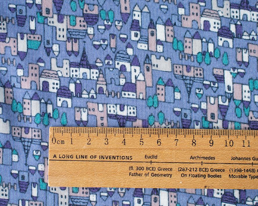 ☆40％OFFアウトレット1ｍカットクロス☆【ニット】シルケット加工強撚フライスニット（街並み柄）